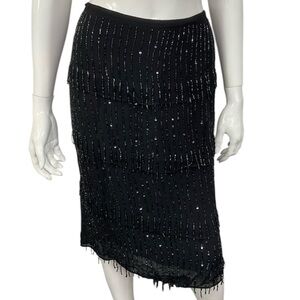 Chico's Women's Black Sequin Beaded Fringe Knee Length Skirt Size XL